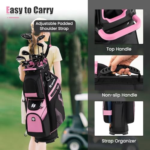 14-Way Golf Cart Bag with Cooler & Full Length Dividers - Black+Pink