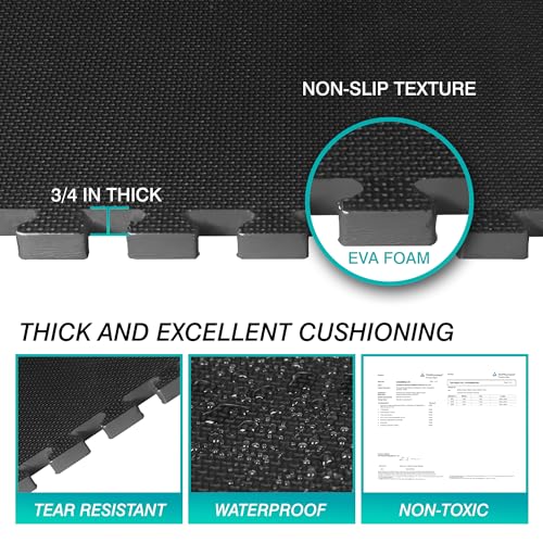 Mat Block Interlocking Foam Puzzle Tiles 24 sq ft, 0.75 Inch Thick, Black Gym Flooring