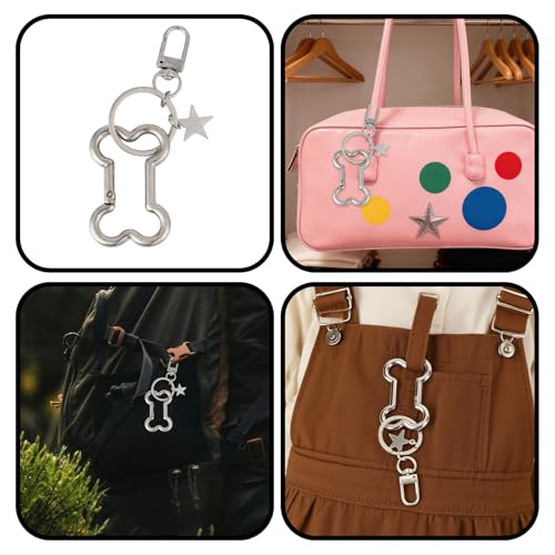 Y2K Bone & Star Carabiner Keychain Clip - Silver Alloy