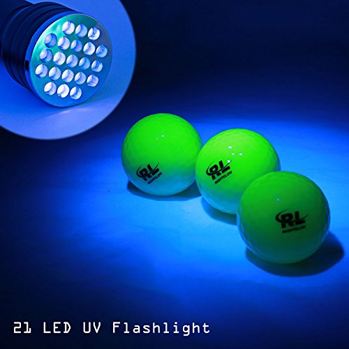 R&L 6 Pack Fluorescent Night Golf Balls with UV Flashlight - Long Lasting Bright Glow, Real Performance