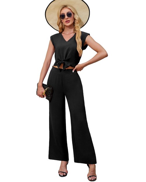 Tanou Womens Casual Summer 2 Piece Sets V Neck Cap Sleeve Strappy Top Elastic Wide Leg Pant Sets Dressy Outfits with Pockets