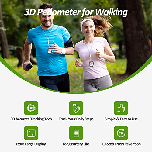 3D Pedometer for Walking - Accurate Step Counter with Clip & Lanyard - Black