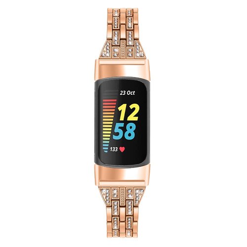 Chic Cute Bling Bands Compatible with Fitbit Charge 6/Charge 5 Fitness & Health Tracker,Rhinestone Dressy Bracelet Stainless Steel Metal Replacement Strap Wristbands Jewelry Strap Women (RoseGold)