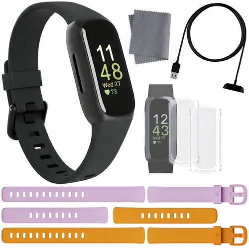 Fitbit Inspire 3 Health & Fitness Tracker Bundle - with Stress Management, Workout Intensity, Sleep Tracking, 24/7 Heart + 2 Silicone Bands, 2 Screen Protectors, Cleaning Cloth & Fast Charger
