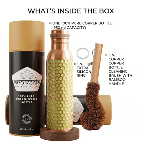 Pure Copper Water Bottle 32 oz with Leak-Proof Cap & Cleaning Brush - Handmade Hammered Design