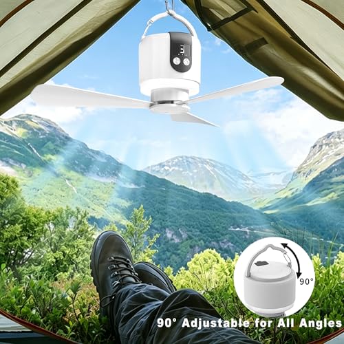 Geonfi 18” Camping Ceiling Fan with Light & Remote, 15600mAh Battery, Hangable Tent Fan, White - 45.72cm