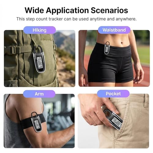 3D Pedometer Step Counter with Clip & Carabiner - Black