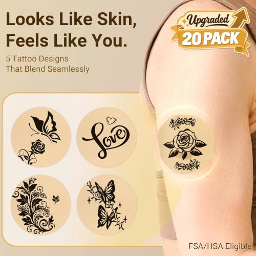 Amolyfe Tattoo Rose Waterproof Sensor Covers for Libre 3 & Plus, 20 Pack - Skin-Like Bump-Proof Hard Cap for Seamless, Secure Fit