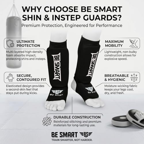 Be Smart Kids Muay Thai Shin Guards Instep Guard XXXS Black (3-8 Years) - MMA Sparring Gear