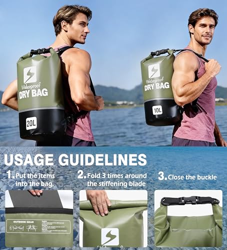 Soulsfeng Green 10L Waterproof Roll-Top Dry Backpack for Boating, Kayaking, Beach & Travel