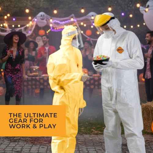 Tiger Tough Chemical Protection Coveralls, Yellow Disposable Hazmat Suit for Men & Women with Hood & Zipper