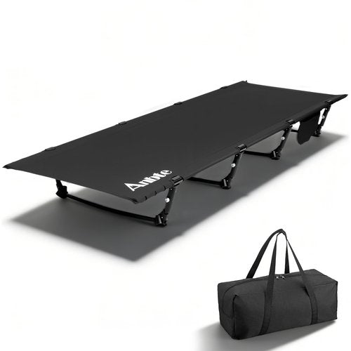 Anbte Ultralight Folding Camping Cot, Comfortable Portable Camping Cot Supports 275 lbs with Storage Bag & Side Pocket, Lightweight Folding Bed for Outdoor Travel Tent Indoor Emergency Bed, Black