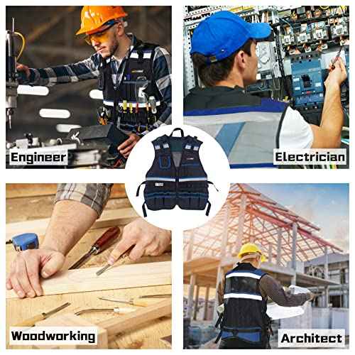 AISENIN Reflective Safety Tool Vest with Multi-pockets and Zipper,Heavy Duty Tool Vest for Electricians Carpenter