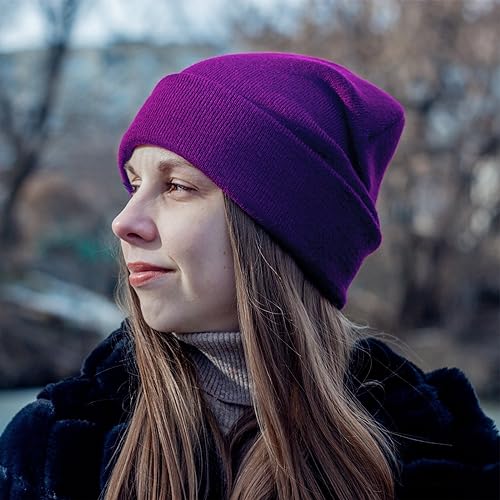 Purple Beanie Hat for Men & Women - Warm Acrylic Knit Cuff Cap