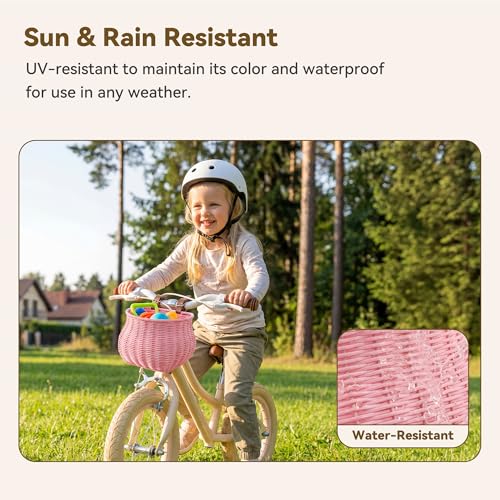 Pink Kids Bike Basket Wicker Bicycle Front Basket for Girls & Boys