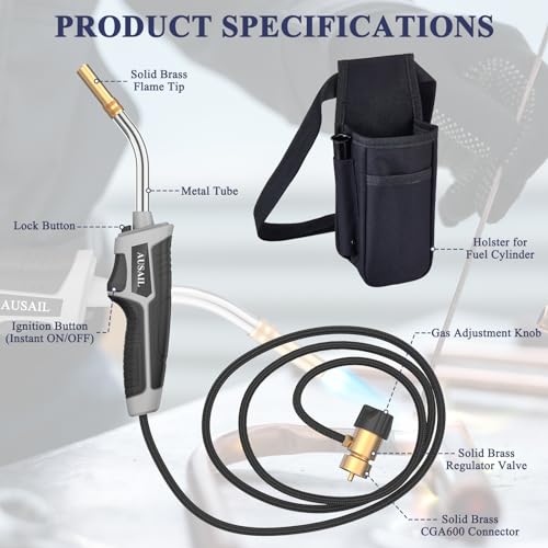 Propane Torch Kit,Mapp Gas Torch with Included Holster,Trigger Start 5' Long Hose Torch,Adjustable Flame Map Gas Torch Kit,Brazing Torch Kit,Soldering Torch for Welding Soldering Brazing