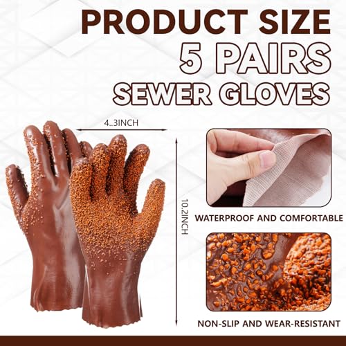 5 Pairs Sewer Snake Glove PVC Non Slip Sewer Gloves Abrasion Resistant Drain Cleaning Glove Plumbing Tools for Professional Plumber