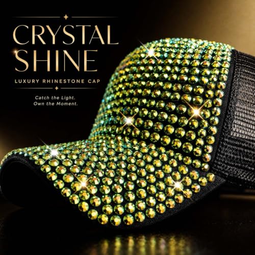 Bling Rhinestone Mesh Visor Cap - Adjustable Denim Hat Black+Green