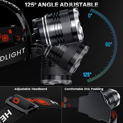Rechargeable Headlamp - 99000 High Lumens, 95H Battery Life, Waterproof, 12 Modes, Zoomable - 1 Pack White Light