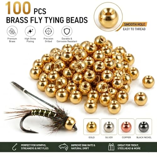 Brass Fly Tying Beads - 100PCS, Gold, 2.4mm for Nymph Fishing