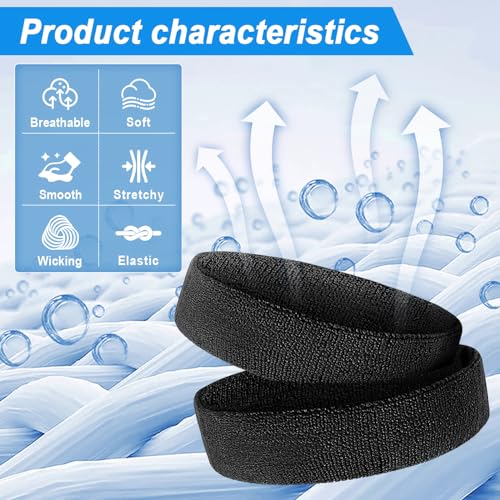 Sport Headbands for Men & Women - 4 Pack Black Cotton Sweatbands