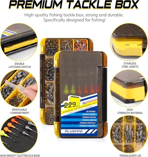 PLUSINNO 229PCS Fishing Accessories Kit with Tackle Box - Complete Fishing Gear Set for Bass Trout & More