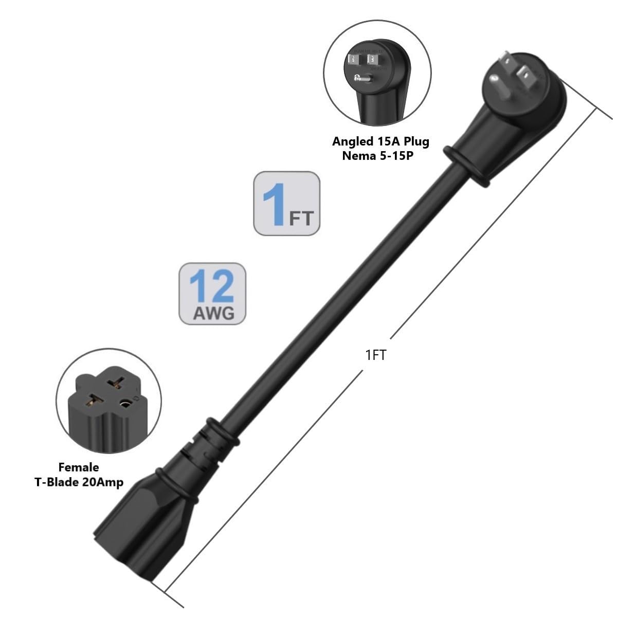 12AWG Right-Angle Plug Adapter 90-Degree 15Amp to 20Amp 1FT, 15 Amp Household Plug to 20 Amp T Blade Adapter Extender, Nema 5-15P to 5-15R/5-20R, 5-15P to 6-15R/6-20R, Angled 15A to 20A Extension cord