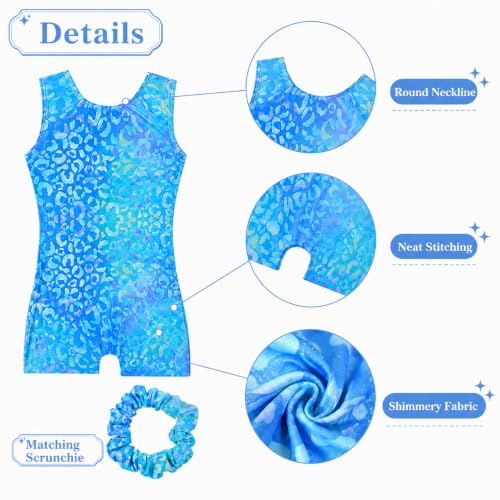 Blue Leopard Print Gymnastics Leotard for Girls + Hair Scrunchie - 4-5T