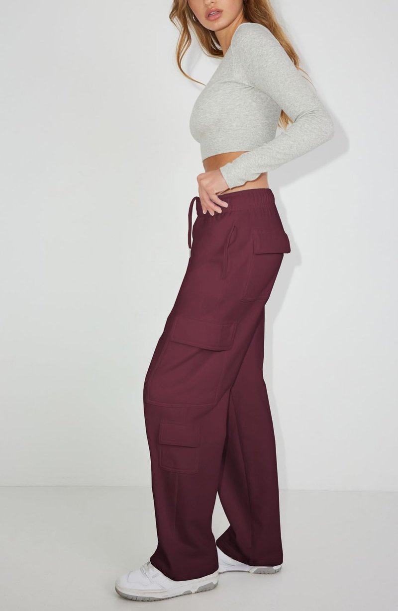Waitfairy Cargo Sweatpants for Women Straight Leg Fleece Lined Joggers Women Barrel Baggy Sweat Pants for Girls Fall Outfits Red M