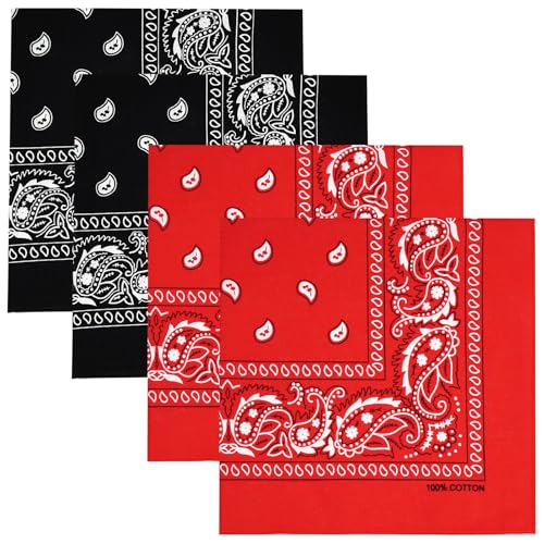 100% Cotton Bandanas 4-Pack - Multi-Purpose Scarfs B - Black/Red
