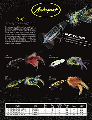 Arbogast Blue Kill Jointed Jitterbug 2.0 Topwater Bass Lure - 2.5 Inch, 3/8 Ounce