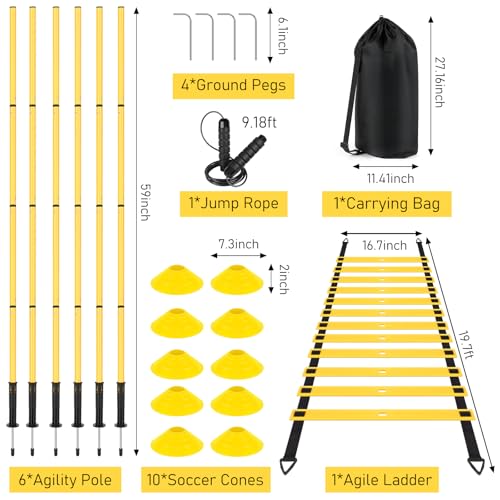 Soccer Agility Training Set - 6 Poles, Agility Ladder, 10 Cones