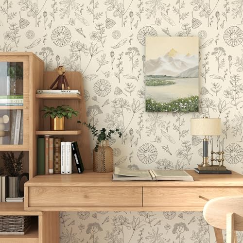 Beige Floral Wallpaper Peel and Stick Wallpaper 17.3"x78.8" Boho Contact Paper for Cabinets Self Adhesive Wall Paper for Bedroom Removable Waterproof Beige and Brown Flower Leaf Wallpapers