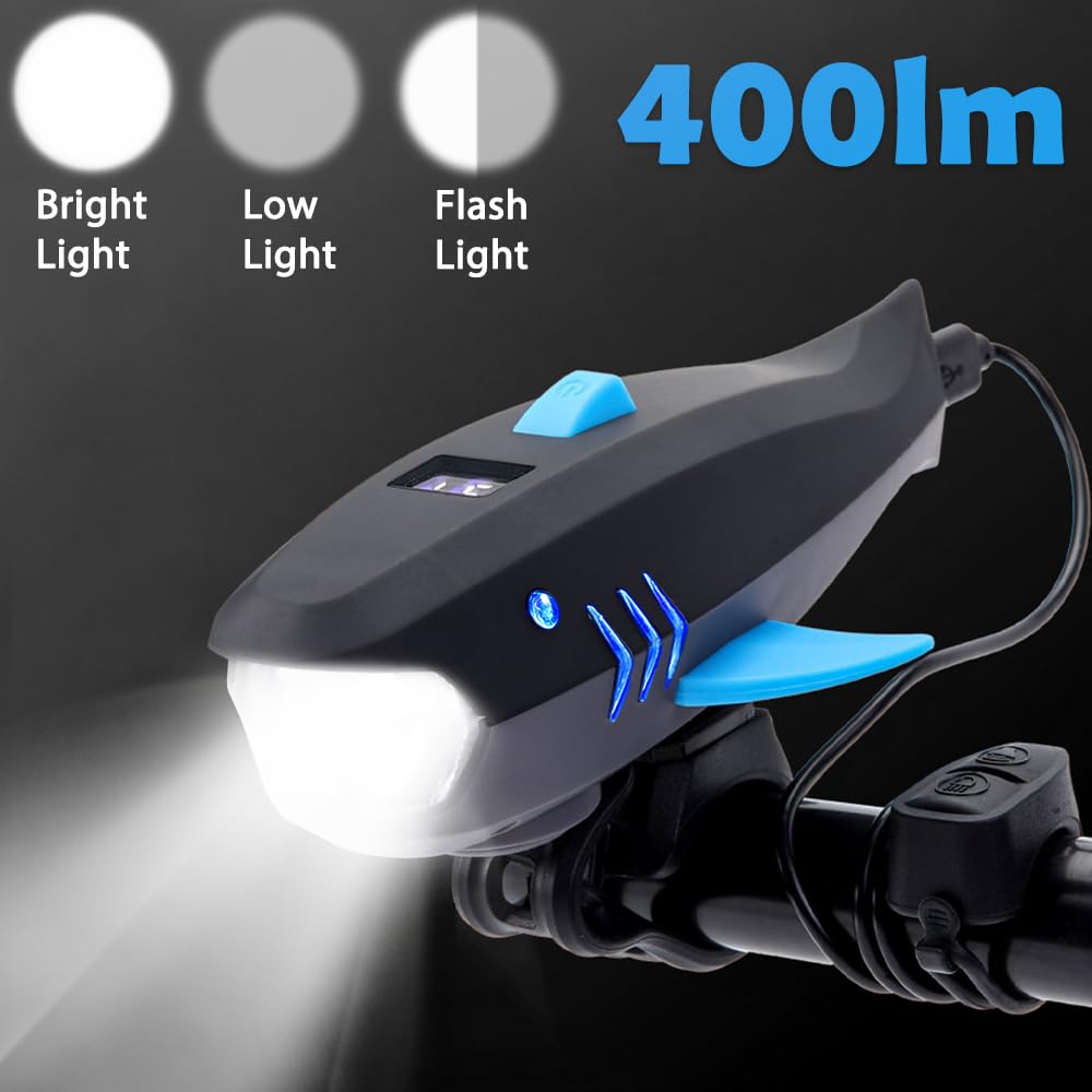 LESOVI Bike Horn with Light, 120dB Electric Bicycle Bell & 400LM Rechargeable Headlight, IPX4 Waterproof Kids Bike Accessories for Boys/Girls, Scooters, Easy Install with Battery (Black)