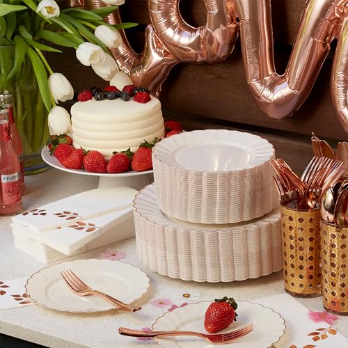 By Madee Ivory Rose Gold Heavyweight Scalloped Plastic Plates Set for Weddings - 100 Pc