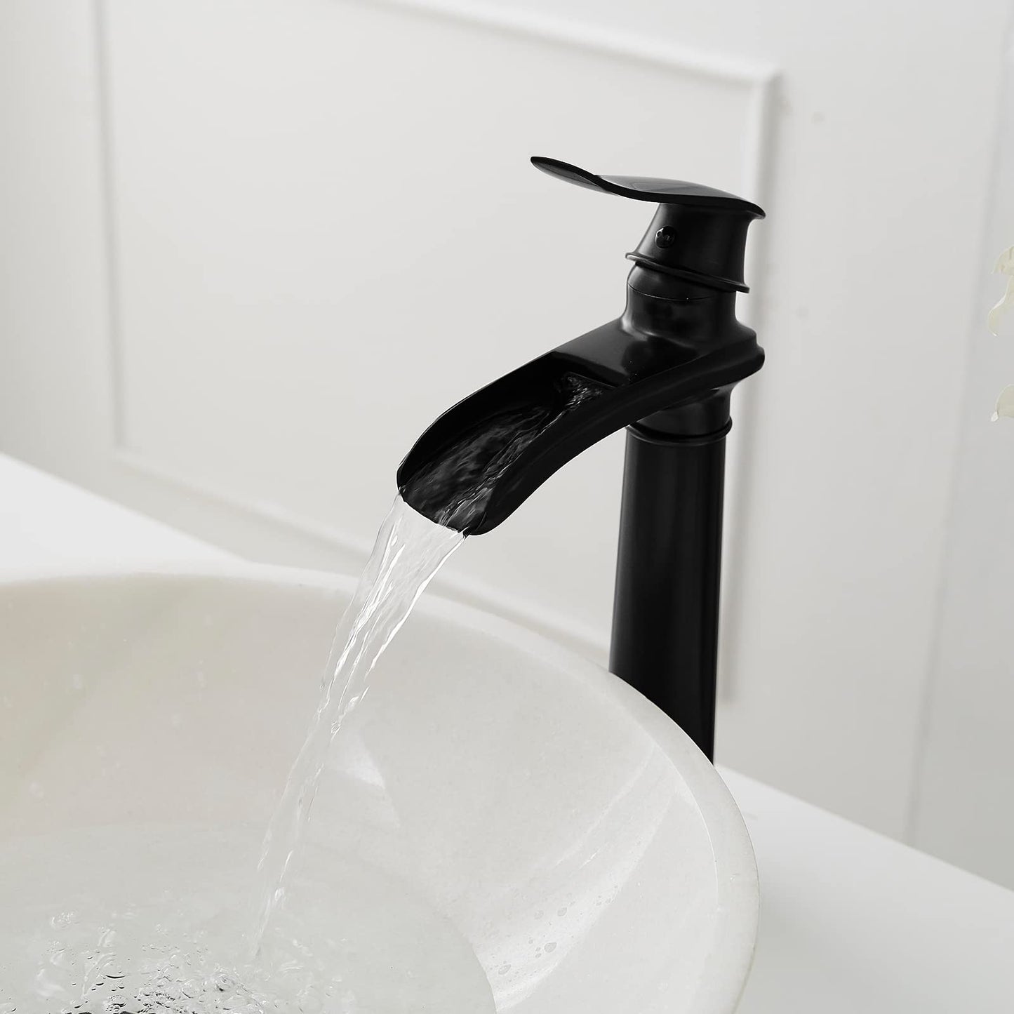 BWE Vessel Sink Faucet Waterfall Matte Black Bathroom Faucets Single Hole Single Handle Bathroom Sink Faucet Tall Vessel Faucet with Pop Up Drain and Water Supply Line