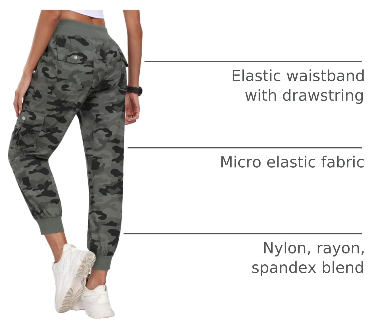 MoFiz Women Cargo Pants with Pockets Lightweight Outdoor Summer Travel Casual Hiking Pants Running Joggers Sweatpants Elastic Waist Camouflage Green L