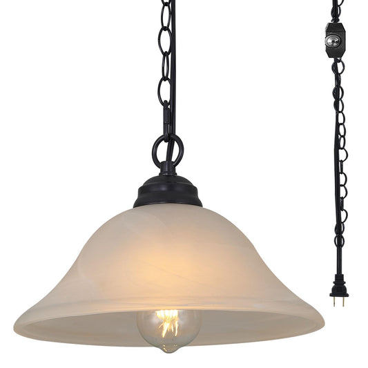 SHENGQINGTOP Plug in Pendant Light Alabaster Glass Shade 15.7" D Hanging Lamp with On/Off Switch,16.4Ft Cord & 14.7Ft Chain Dimmable Black Swag Light Fixture for Kitchen Sink Bar Nook