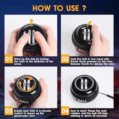 Gyro Ball Wrist Trainer - Auto-Start Gyroscopic Forearm Exerciser - Pure Black No Light