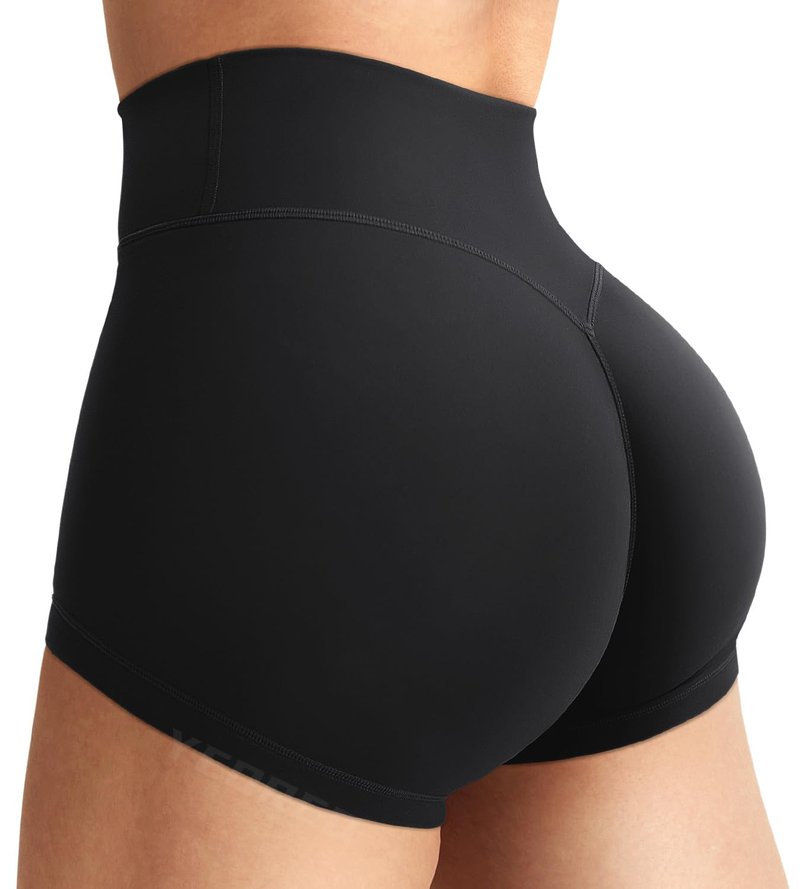 YEOREO Women's Biker Shorts 2.5" No Front Seam Elysina High Waist Hidden Scrunch Workout Gym Yoga Running Shorts Black M