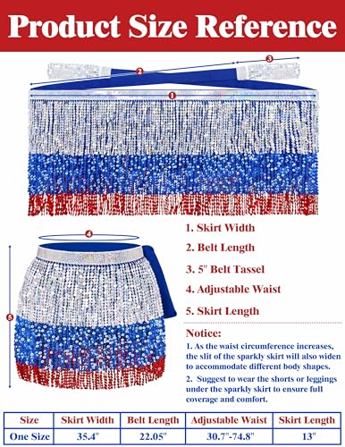 Sarfel One Size Sequin Fringe Dance Skirt - Silver/Blue/Red