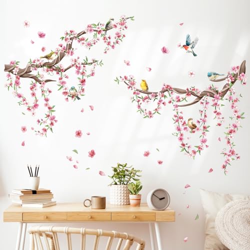 Cherry Blossom Tree Branch Wall Decals Pink Peach Flower Wall Stickers Spring Floral Birds Wall Art Decor for Bedroom Hall Livingroom Office TV Backdrop with 3 Sheets (11.8 x 35.4 inches/1 Sheet