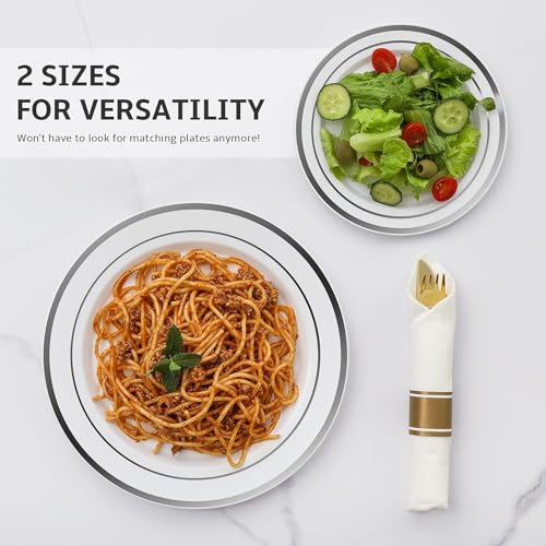 AOZITA Silver Plastic Party Plates 10 Inch Disposable Set - 200 pcs