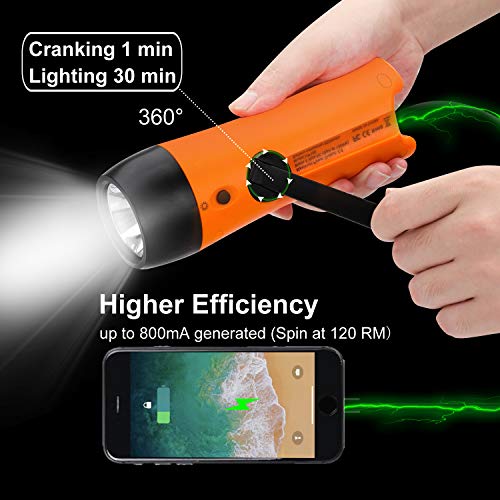 Rechargeable Hand Crank Flashlight/Generator/USB Charger for Phone and Emergency Survival Situations (Orange)