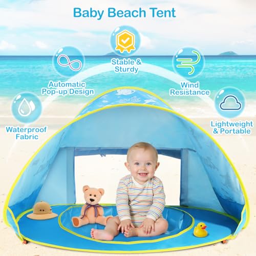 Zooawa Baby Beach Tent with Pool - Patterned Blue Sun Shade for Infants
