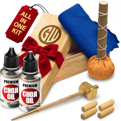 Good Worker Sword Katana Cleaning Kit Large - 2 Choji Oil, Uchiko Ball, Brass Hammer, 4 Mekugi, Wooden Storage Box