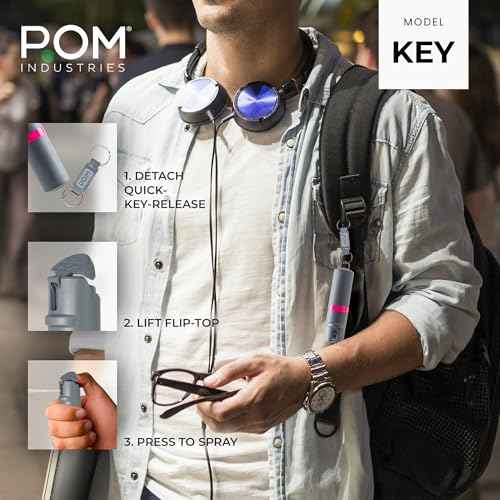 POM Pepper Spray Keychain, Quick Key Release for Instant Access, Flip Top Safety, Maximum Strength OC Formula with UV Marking Dye, 25 Bursts, 10 ft Range, 0.5 fl oz