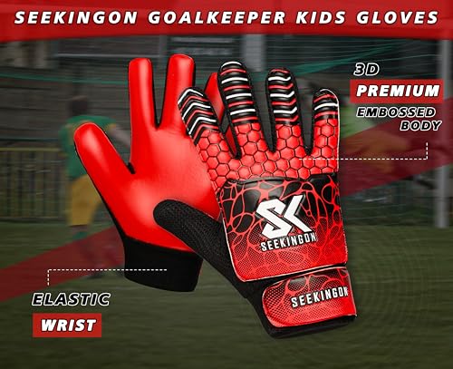 Youth Soccer Goalie Gloves - Size 5 for Ages 9-12, Red/Black