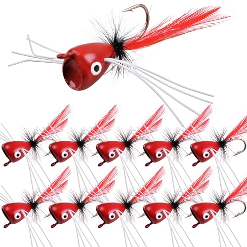 Fly Fishing Popper Lures Kit - 10pcs Red Bass Poppers for Freshwater