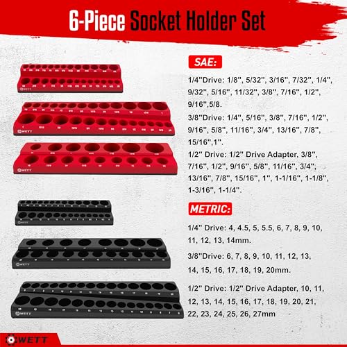 WETT Magnetic Socket Organizer Set, 6-Piece Socket Holder Set, 1/4", 3/8", 1/2" Drive Magnetic Sockets Trays, Holds 143pcs SAE & Metric, Standard Shallow and Deep Size Sockets (Socket not Included)